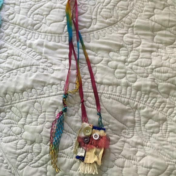 Boho Patchwork Fabric Button Amulet Necklace Art Handmade - Picture 3 of 10